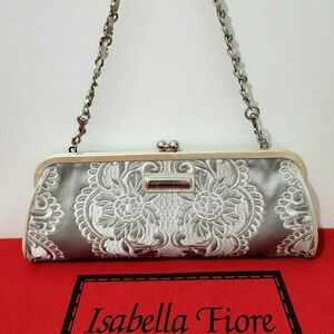 ISABELLA FIORE FLORAL EMBROIDERED SILVER SILK HANDBAG